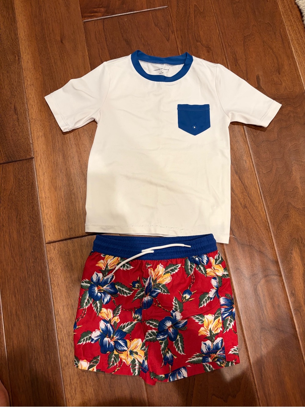 Janie and Jack Boys rash guard and floral print swim trunks 3T - EUC